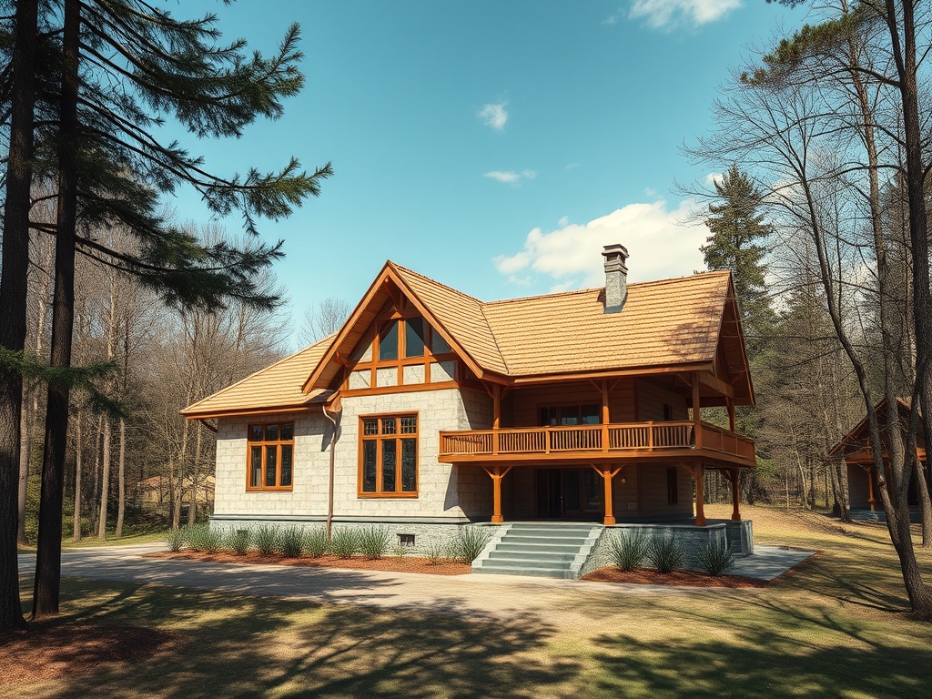 Современный загородный дом с деревянными элементами и балконом, окруженный лесом и зеленью.