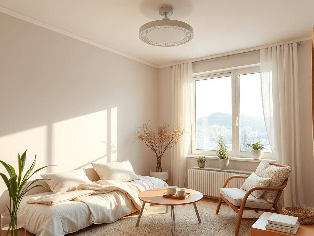 Светлая комната с окном, растениями, кроватью и уютной мебелью. Теплый солнечный свет наполняет пространство.