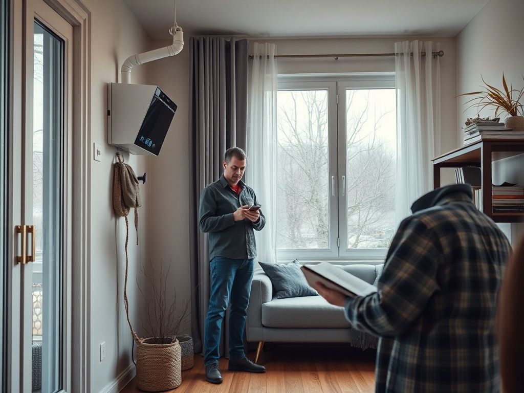 Два человека в комнате, один смотрит на телефон, другой читает книгу у окна с видом на улицу.