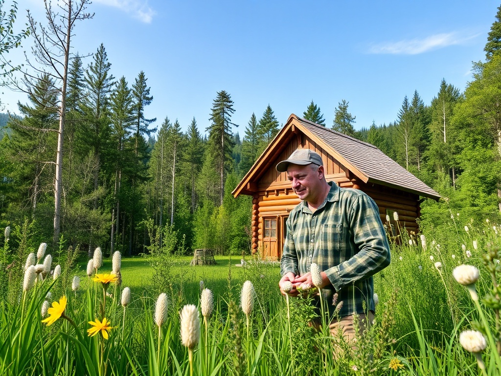 Мужчина стоит среди зелени и цветов на фоне деревянного домика в лесу. Ясный день и солнечная погода.