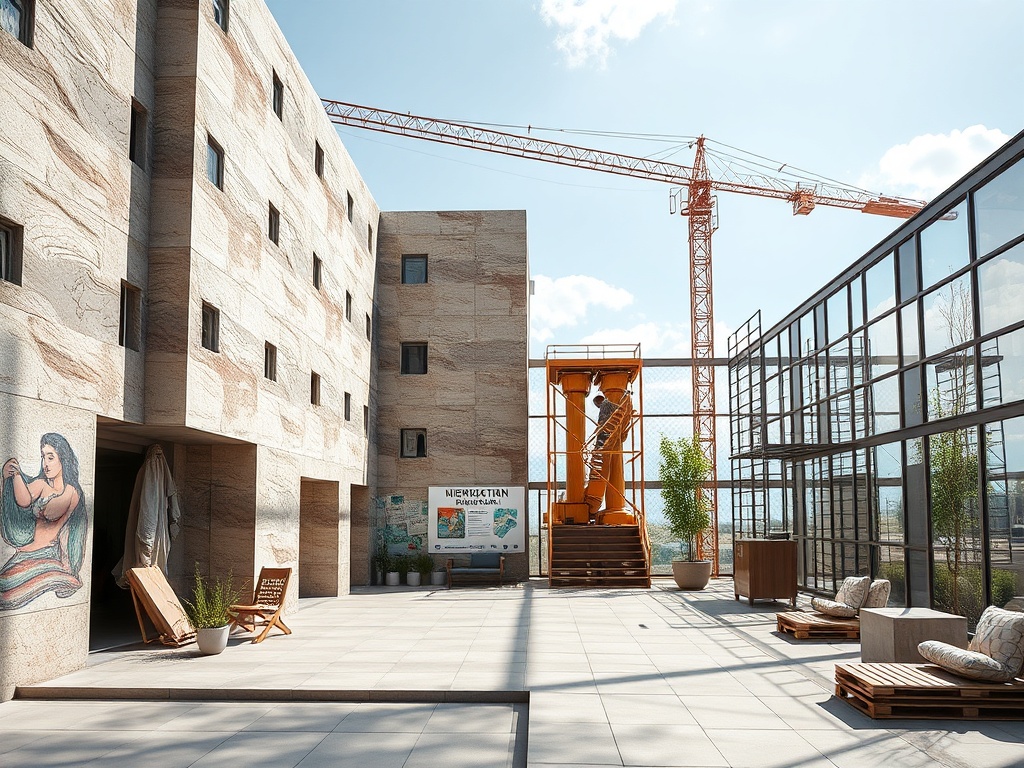 Двор с современными зданиями, скульптурами и строительным краном на фоне ясного неба.