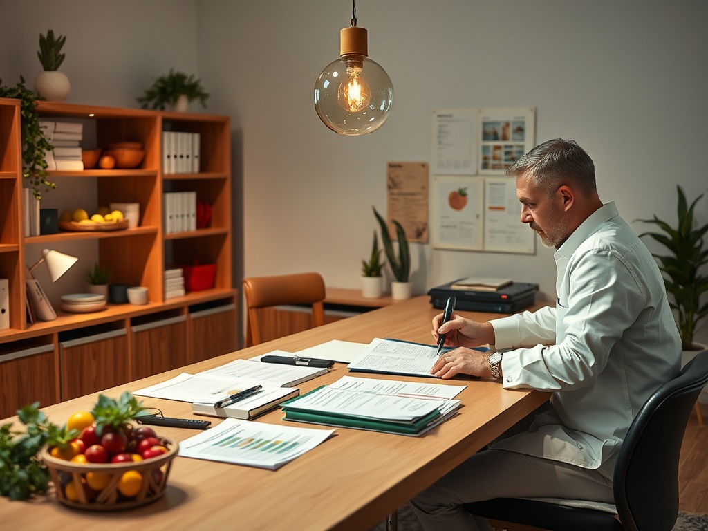 Мужчина в офисе работает за столом, окружённом документами и фруктами на полках. Обстановка уютная и современная.