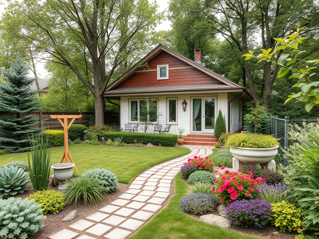 Уютный дом с красивым садом, зелеными растениями и цветами, ухоженная дорожка.