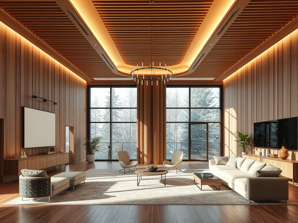 Современная гостиная с большими окнами, деревянными стенами и стильной мебелью. Уютная и светлая атмосфера.