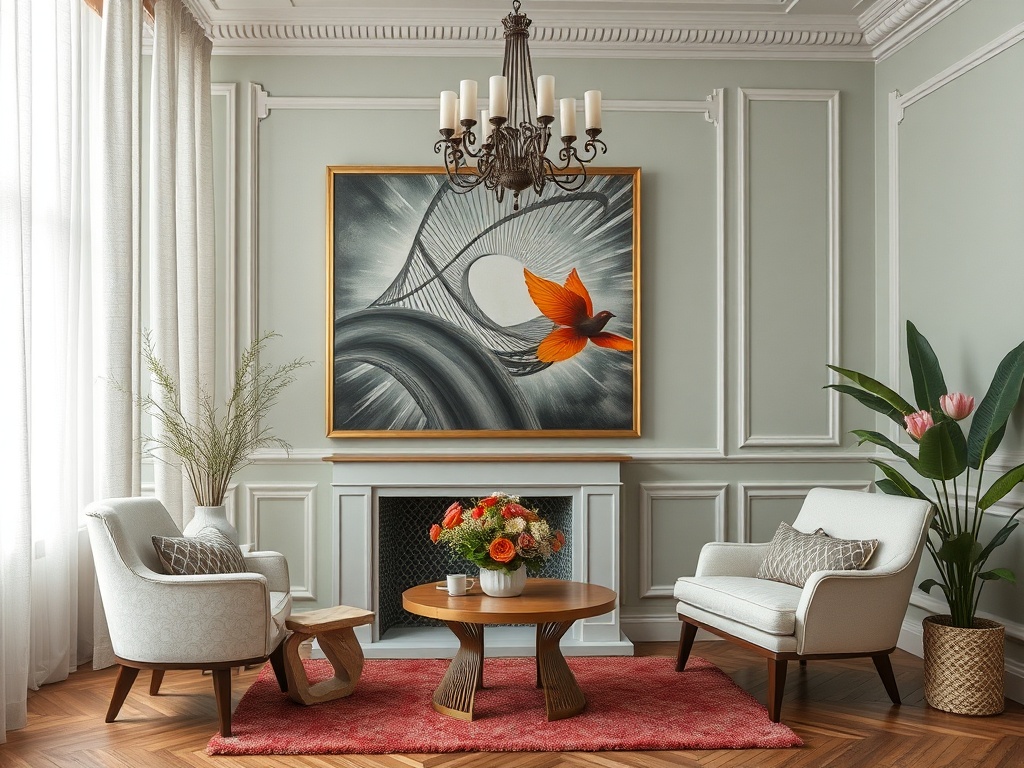 Современный уютный интерьер с картиной, креслом и декоративными растениями в светлой комнате.