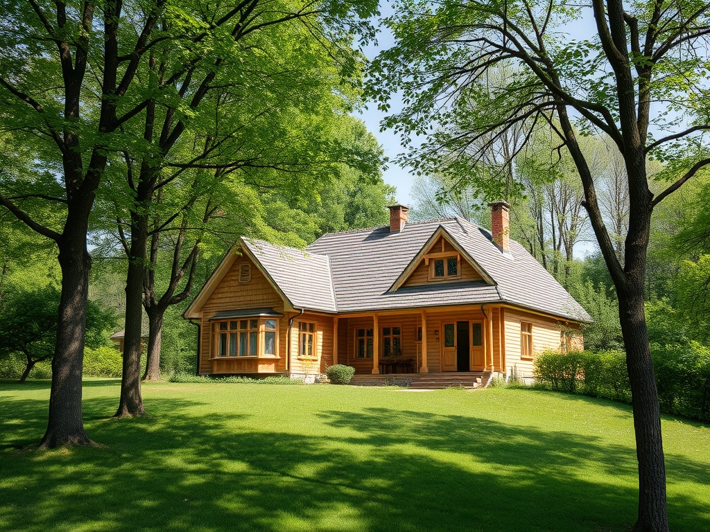 Деревянный дом с ярко-зеленым газоном и деревьями по бокам, уютно стоящий на природе.