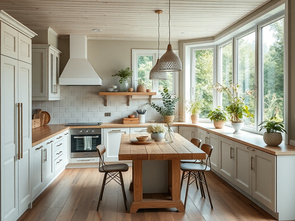 Современная кухня с деревянным столом, стульями и зелеными растениями у окон. Светлые тона и уютная обстановка.