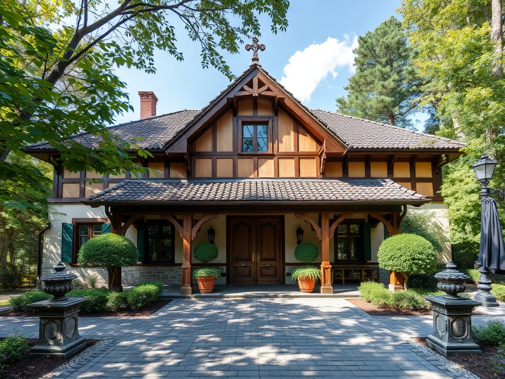 Современный дом в загородном стиле с деревянным фасадом и ухоженным двором, окруженный зеленью.