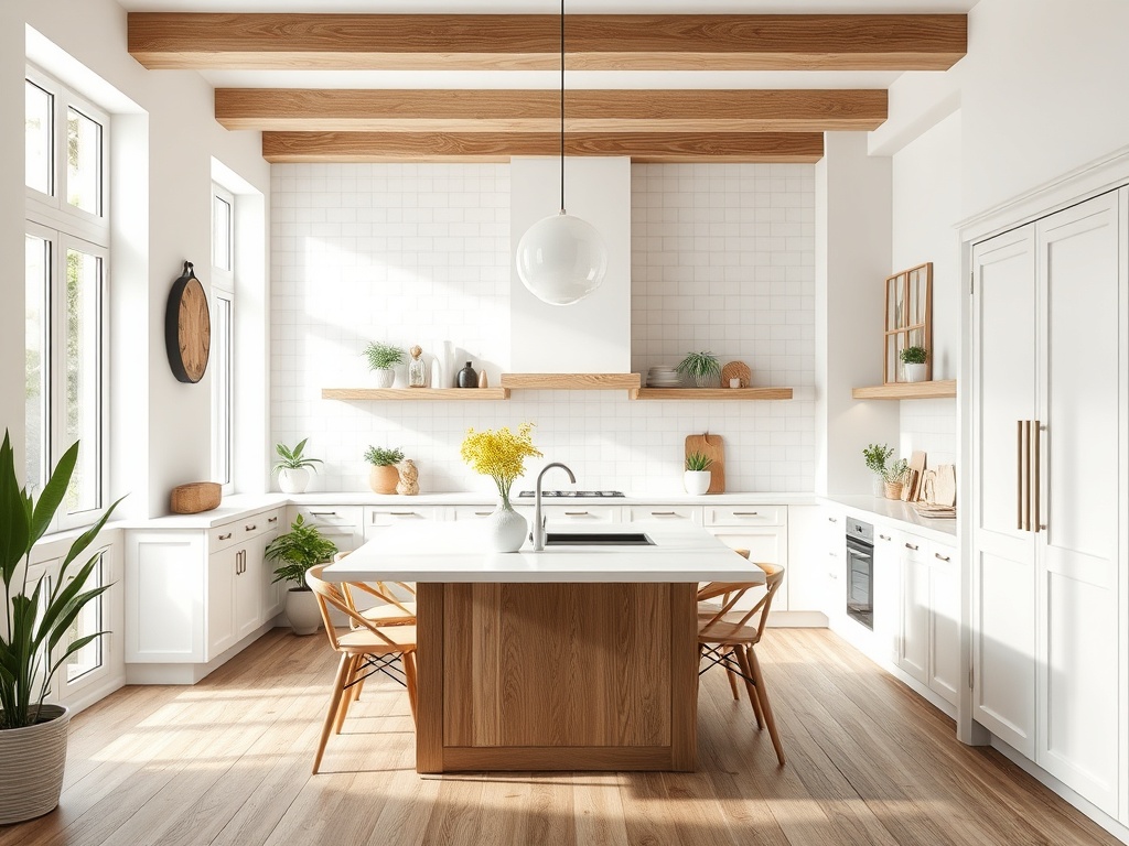 Светлая кухня с деревянными потолочными балками, центральным островом и зелеными растениями на полках.