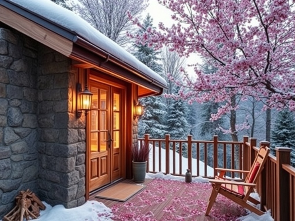 Коттедж с каменной стеной, выстланный снегом и цветущей сакурой, уютный уголок с креслом на веранде.