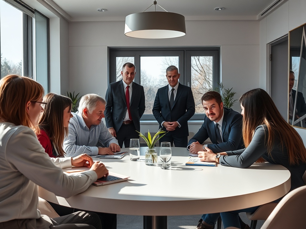 На заседании конференц-зала несколько человек обсуждают важные вопросы. Светлый и современный интерьер.
