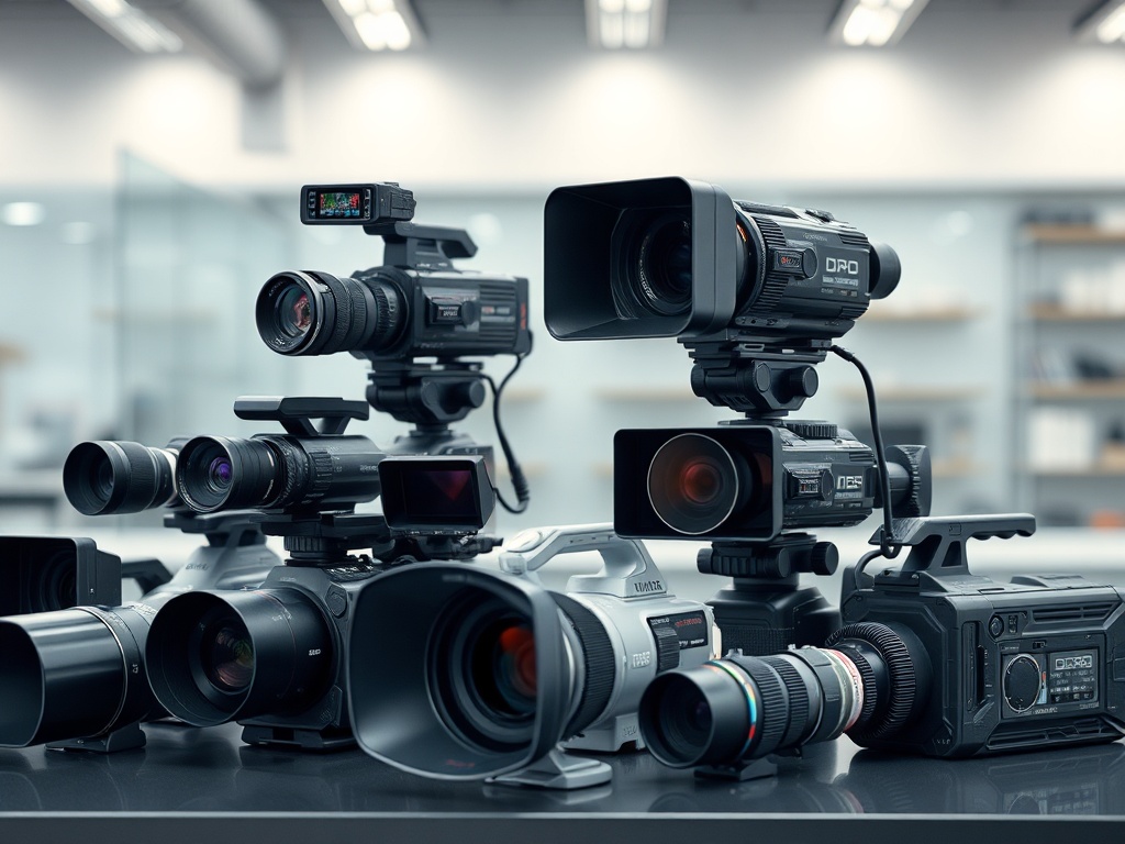 На столе расположены разные видеокамеры и объективы в современном офисном пространстве.