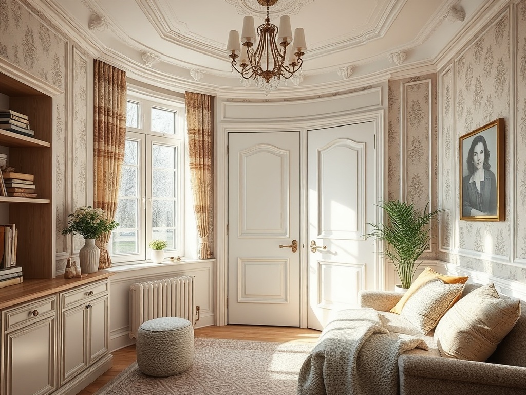 Уютная комната с большими окнами, светлой мебелью и декоративными элементами, создающими атмосферу уюта.