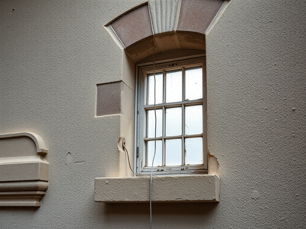 Окно с шестью рамы на стене без отделки, виден провод в нижней части.