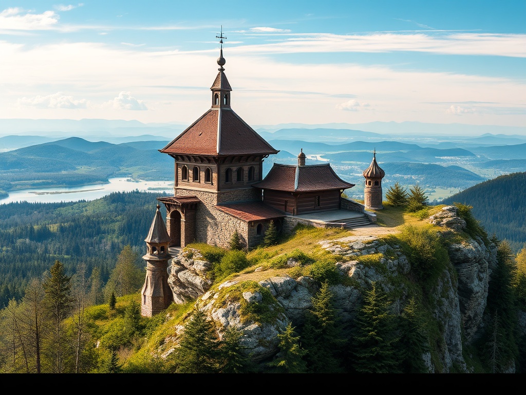На вершине скалы стоит архитектурное сооружение, окруженное зелеными лесами и горными пейзажами.