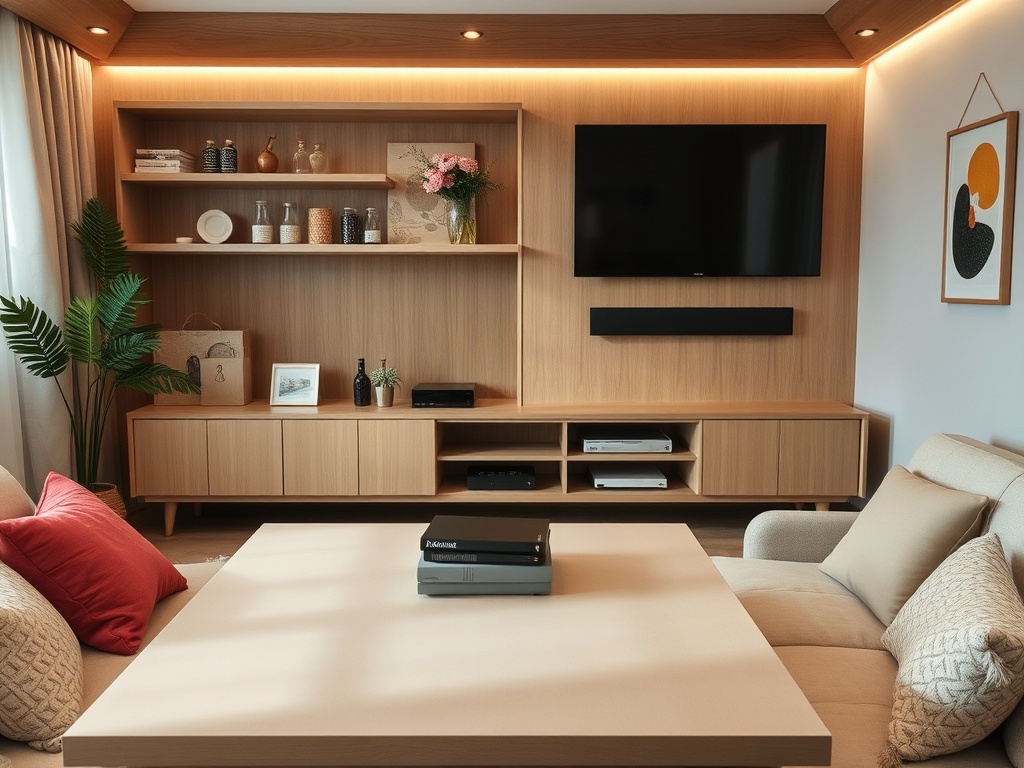 Современный интерьер с телевизором на стене, деревянной мебелью и уютным диваном. Красные подушки и зелёные растения.