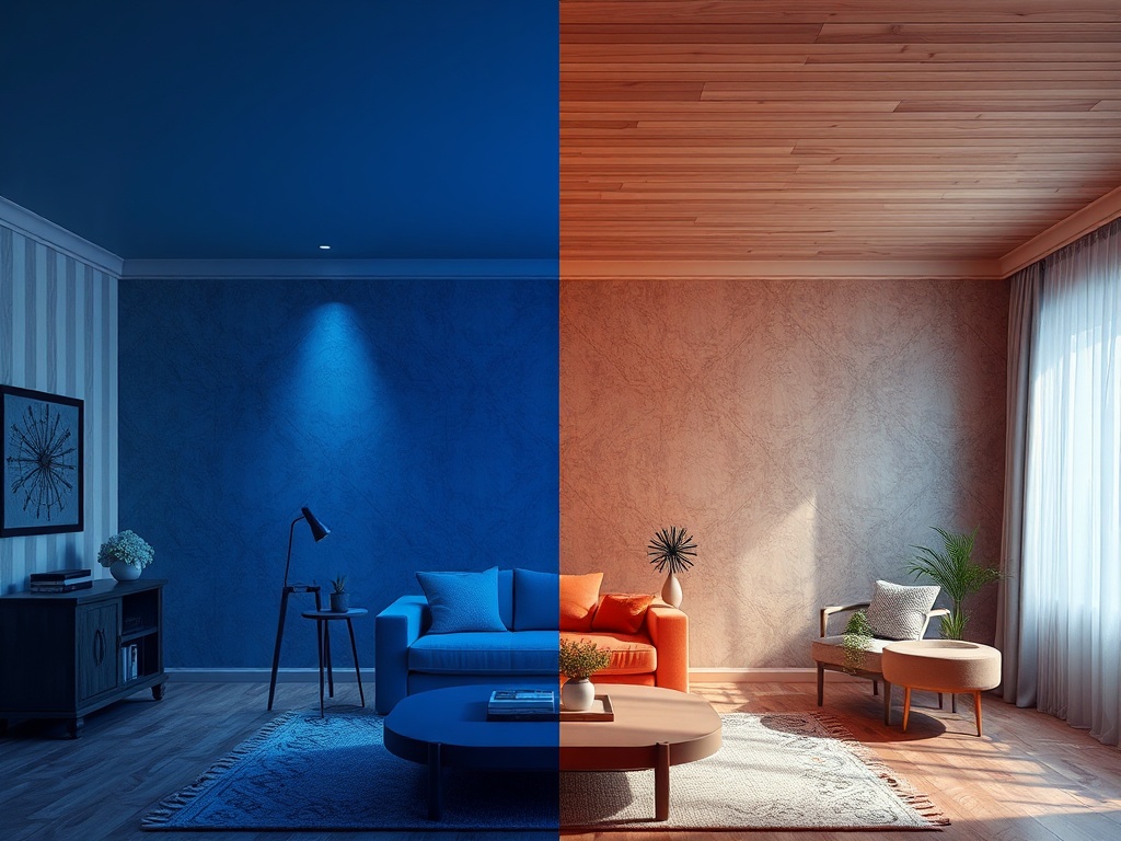 Комната, разделенная на две части: одна с холодным синим светом, другая — с теплым оранжевым.