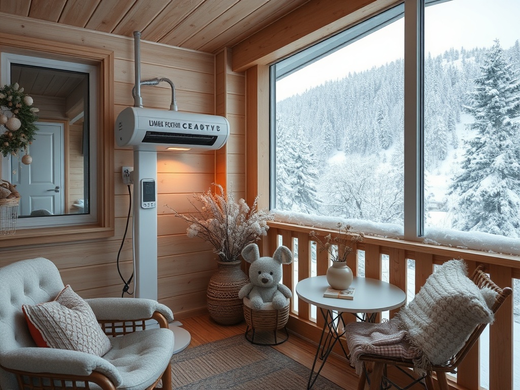 Уютный уголок с креслами, столом и видом на зимний пейзаж через большие окна. Снежные деревья за окном.