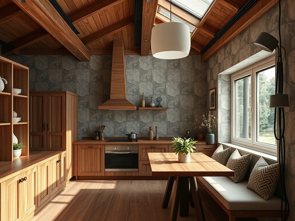 Современная кухня с деревянной мебелью, каменной стеной и большими окнами, освещающая пространство.