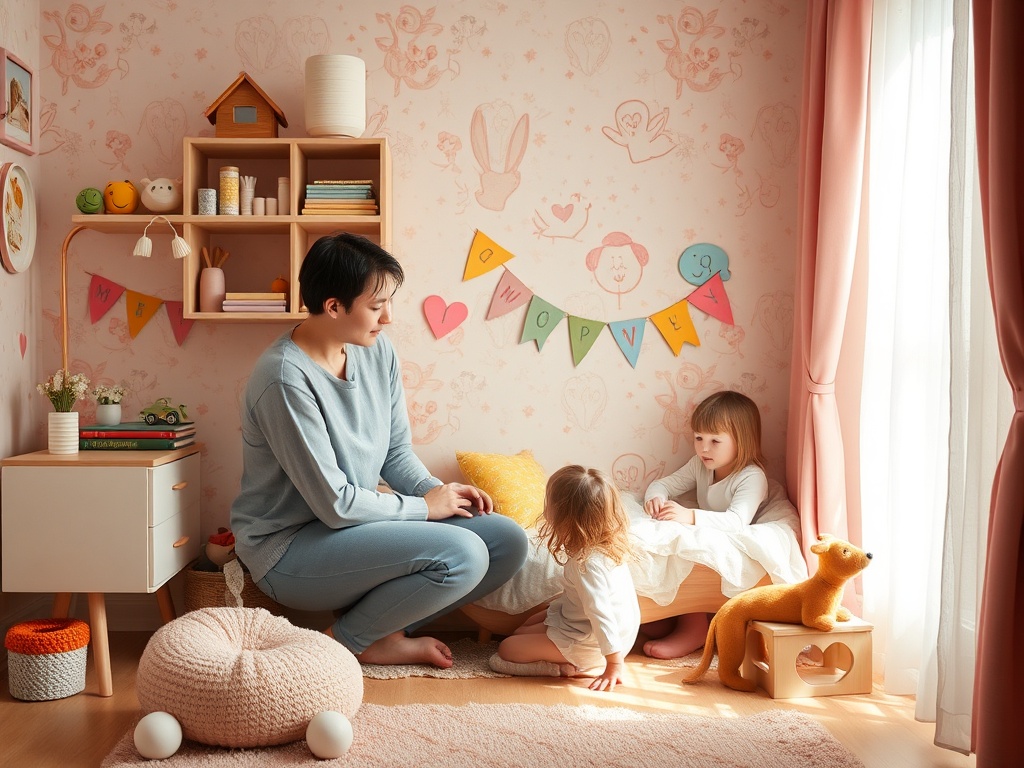 Мама играет с двумя маленькими девочками в уютной детской комнате, окруженной яркими декорациями.