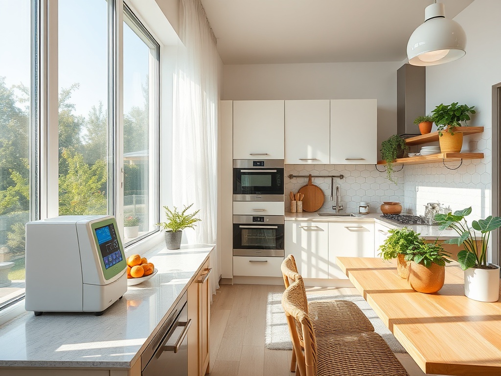 Светлая кухня с большим окном, современными приборами и растениями на столе. Уютная атмосфера.