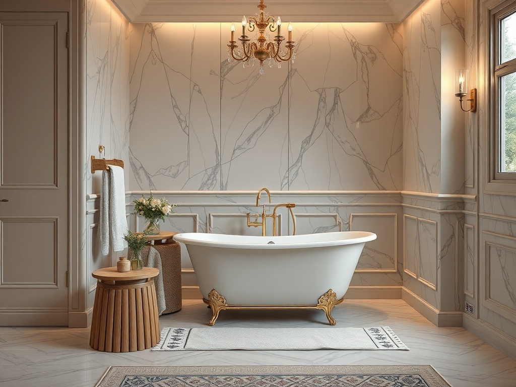 Светлая ванная комната с ваннoй, золотыми деталями и необычным освещением, украшенная мраморными стенами.