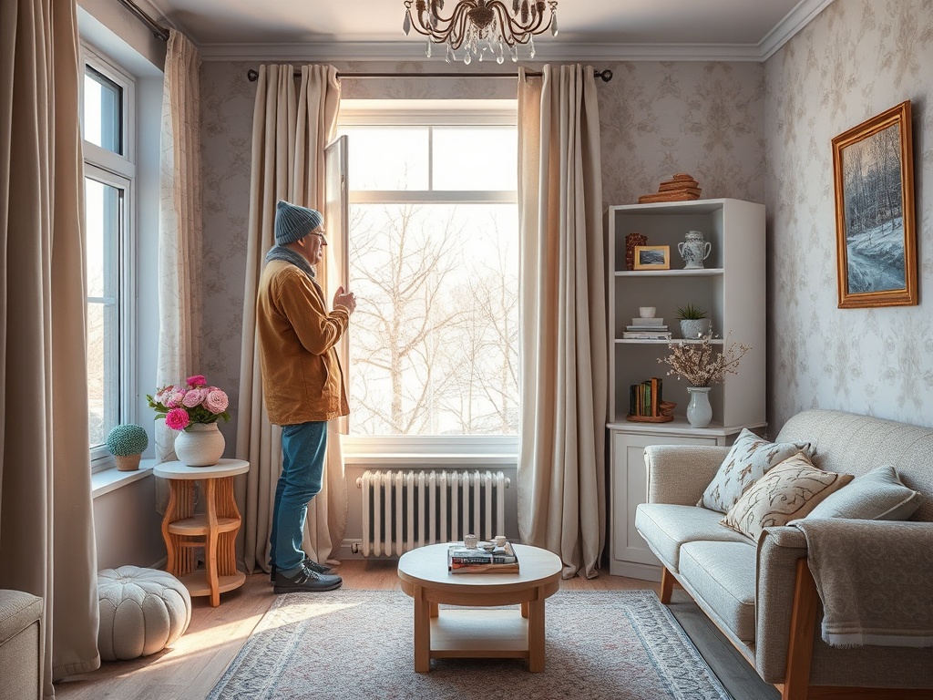 Человек в уютной комнате стоит у окна, любуясь зимним пейзажем за окном. Мягкий свет и теплая атмосфера.