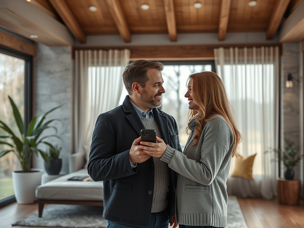 Счастливая пара улыбается друг другу и смотрит на телефон в уютной комнате с большими окнами.