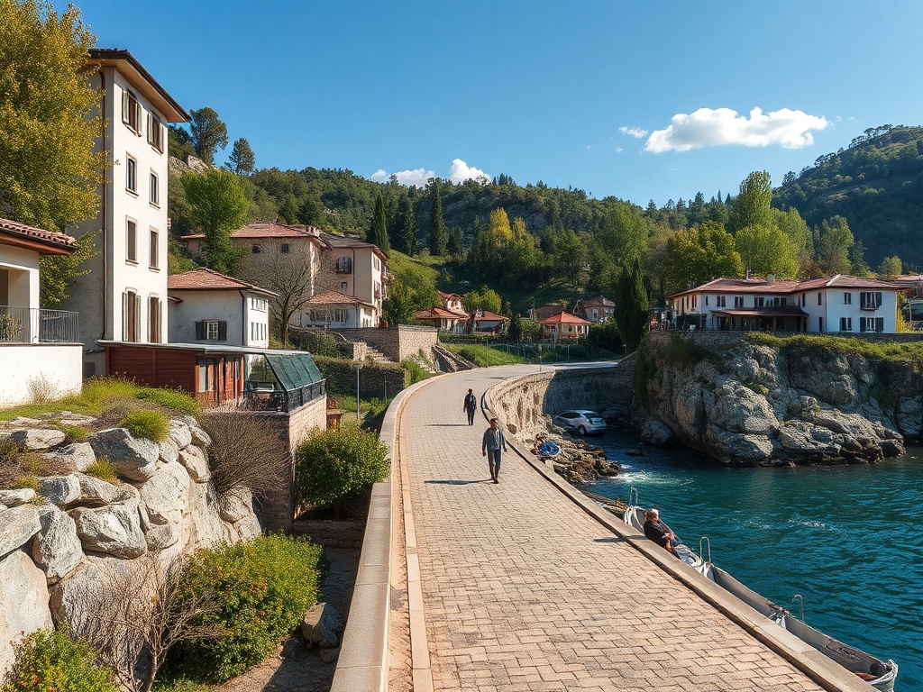 Прогулочная набережная с домами и лодками, окруженная зелеными холмами и ясным небом.