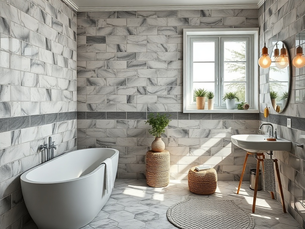 Современная ванная комната с белой ванной, раковиной и зелеными растениями на серых плитках.