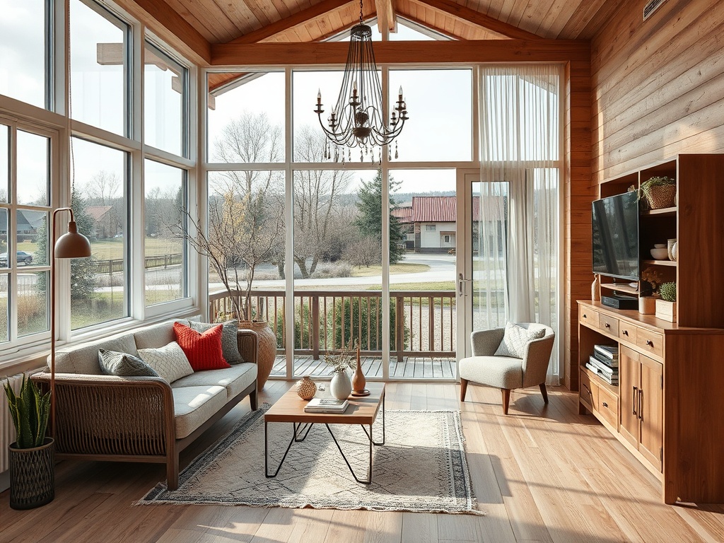 Светлая гостиная с большими окнами, уютной мебелью и красивой люстрой, выходящая на природу.