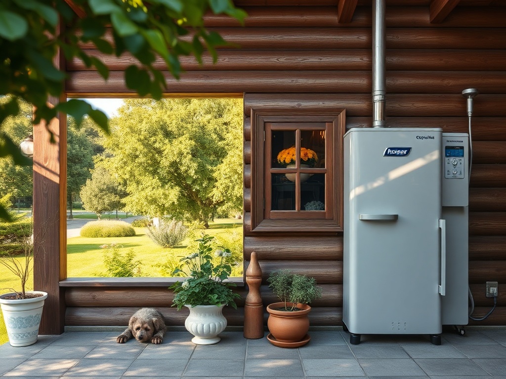 На веранде деревянного дома стоит холодильник, а рядом с ним лежит медвежонок и различные горшки с растениями.