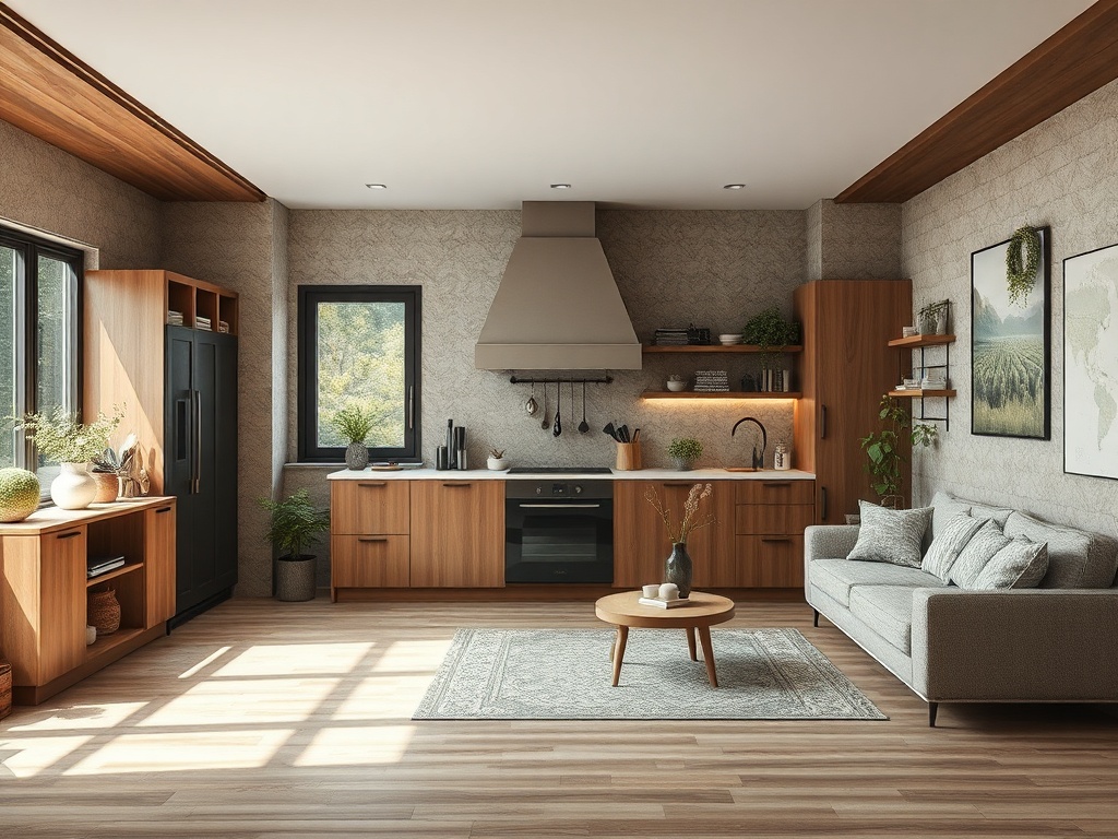 Современная кухня с деревянными шкафами, столом и креслом, окнами с видом на природу. Светлое и уютное пространство.