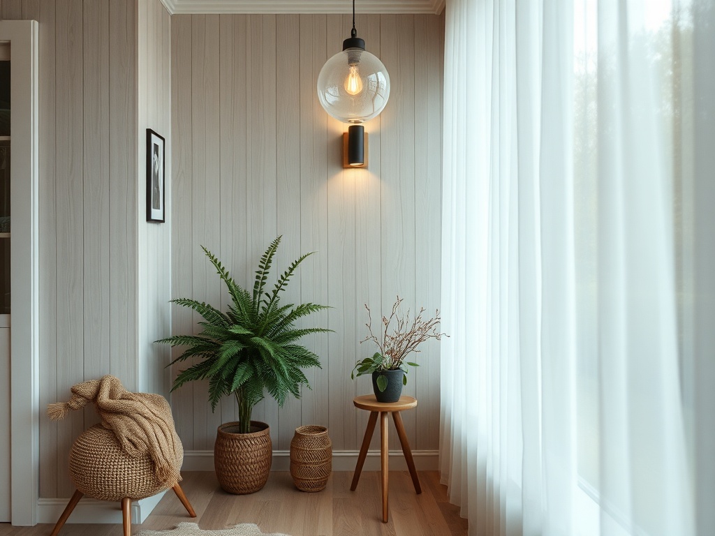 Уютный уголок с горшечными растениями, светильником и мягкими текстурами, наполненный светом и спокойствием.