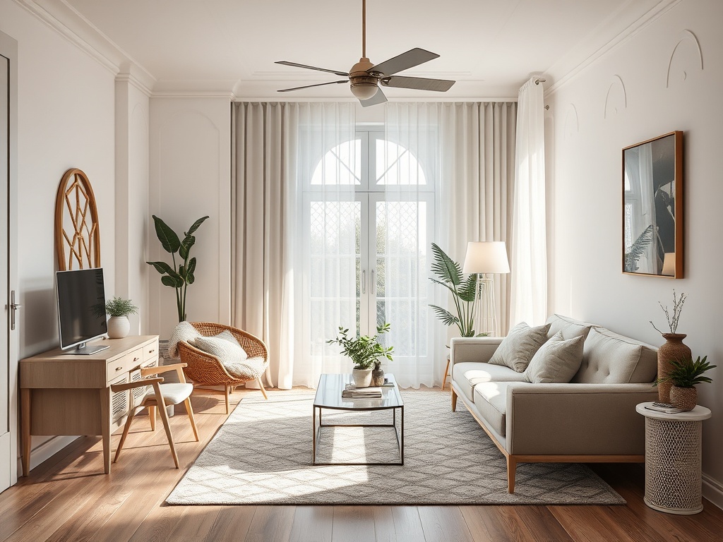 Современная гостиная с мягким диваном, креслом, телевизором и зелеными растениями у больших окон.