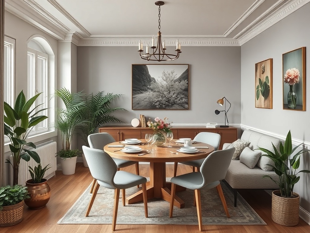 Современный уютный интерьр столовой с деревянным столом, стульями и зелеными растениями.