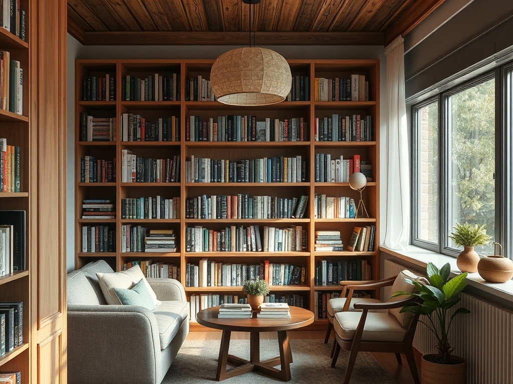 Уютный уголок с книжной полкой, диваном и столом, освещенный светом из окна. Растения добавляют зелени.