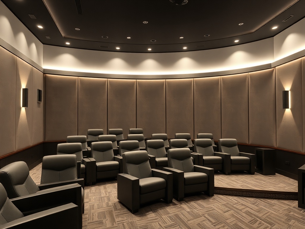 Современный кинотеатр с удобными креслами и мягким освещением на стенах. Спокойная атмосфера для просмотра.