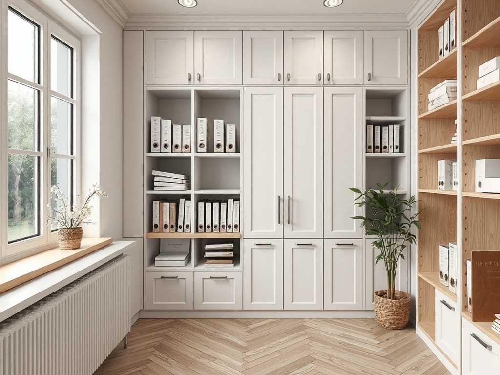 Современный офис с белыми шкафами, полками с файлами и зелёным растением в углу. Светлое и уютное пространство.