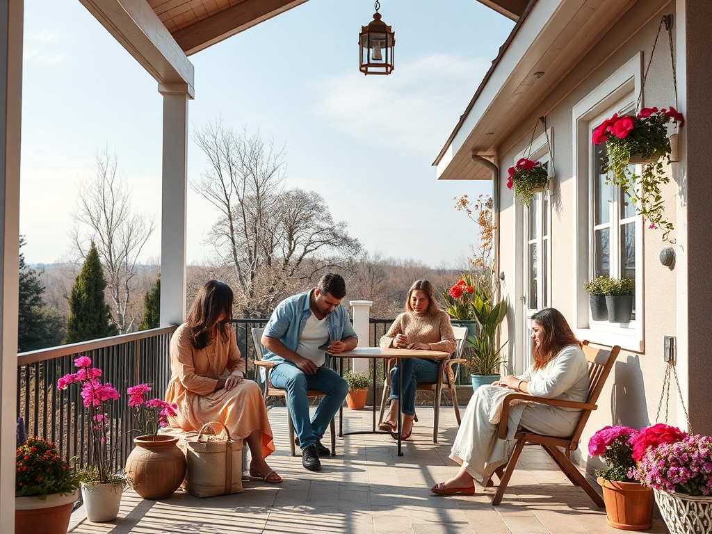 На веранде сидят четверо друзей, наслаждаясь солнечным днем и цветами вокруг.