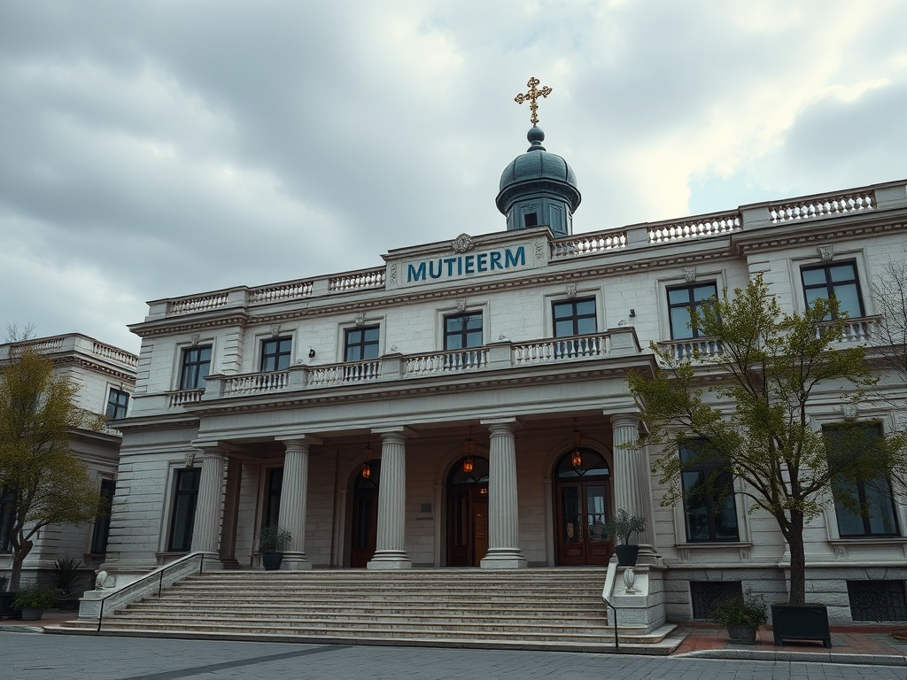 На фотографии показано здание с колоннами и куполом, в небе видны облака. На фасаде написано "MUTIEERM".